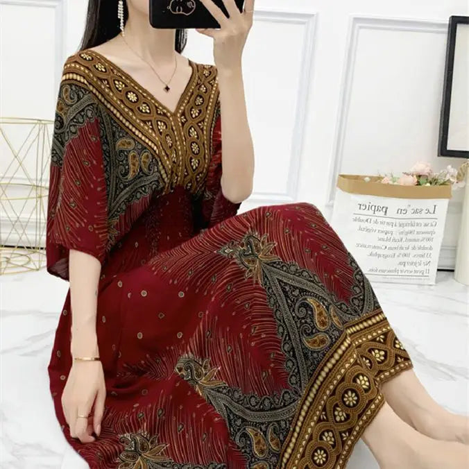 Colorful Flower V-neck Elastic Youthful Bohemian Sweet Midi Dress Woman Clothes Chic Fashion Summer Dresses