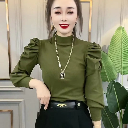 Elegant Stand Collar Solid Color Puff Sleeve Blouse