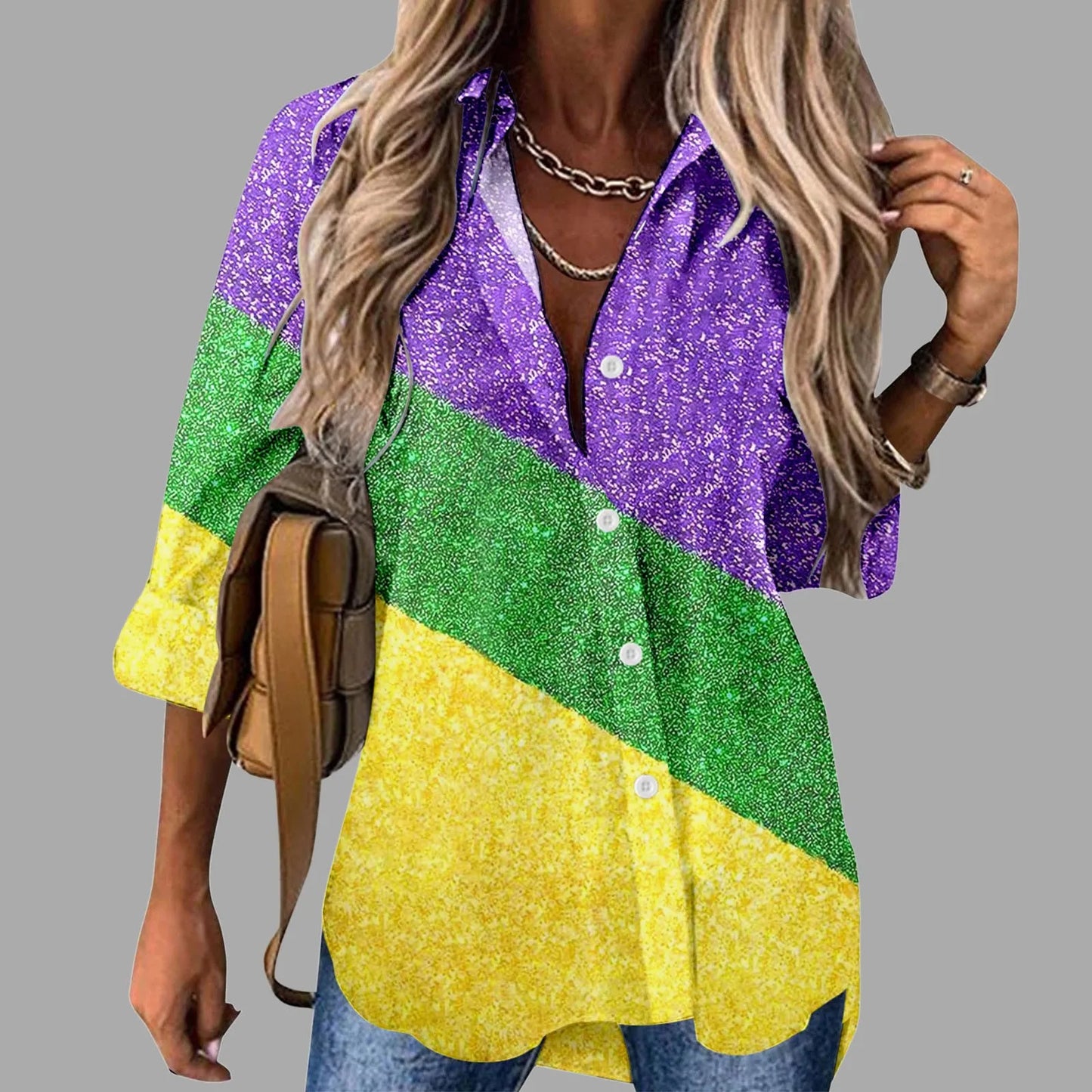 Mardi Gras Women V Neck Shirts Button Long Sleeve Carnival Print Tops Female Blouses Loose