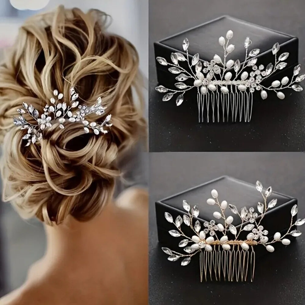 Faux Pearl Crystal Comb Clips, U-shaped Flower Rhinestone Pearl Hair Clips