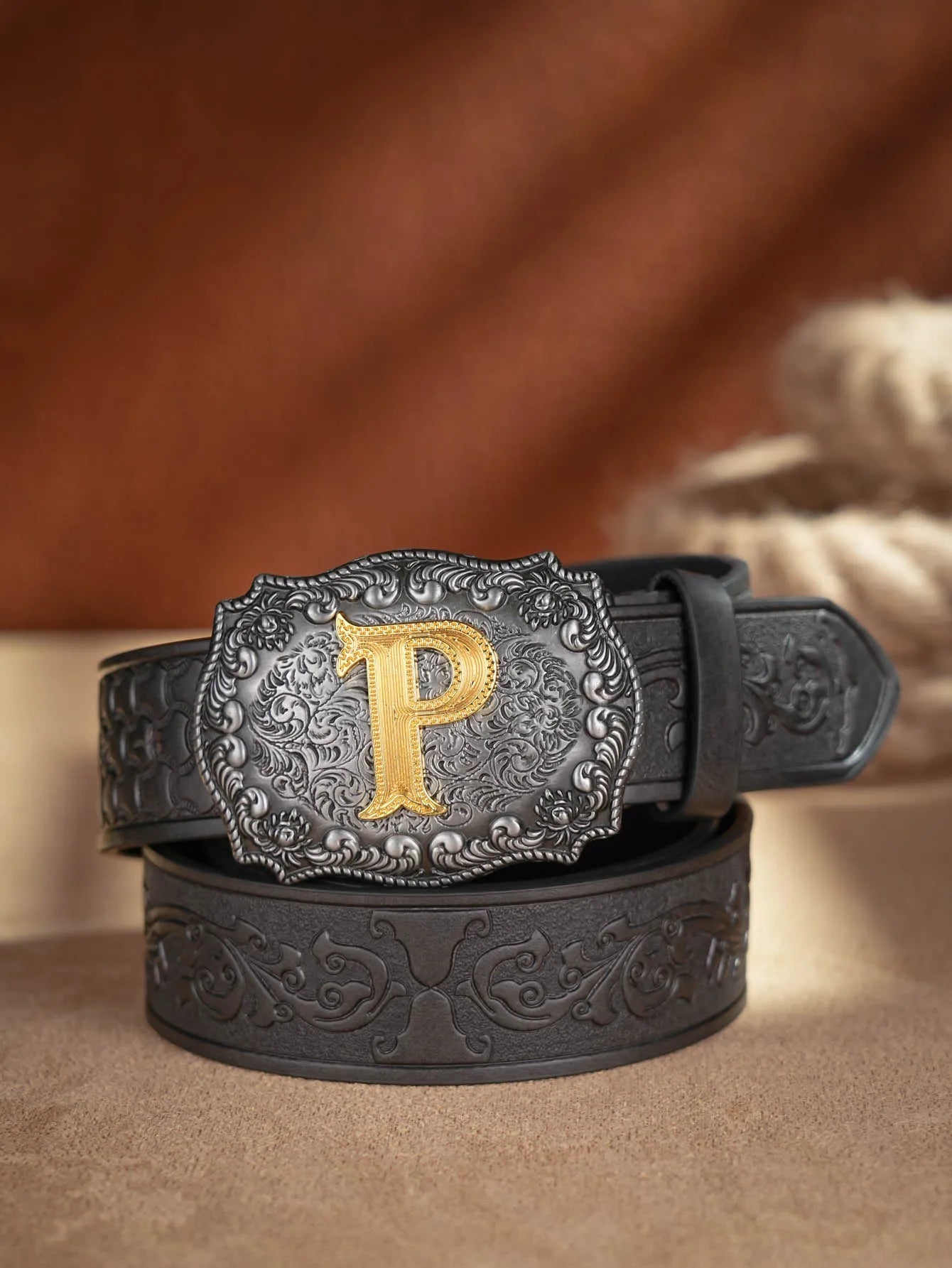 Western Cowboy PU Leather Belt  Waist Strap Bull Decoration Floral Engraved for Jeans