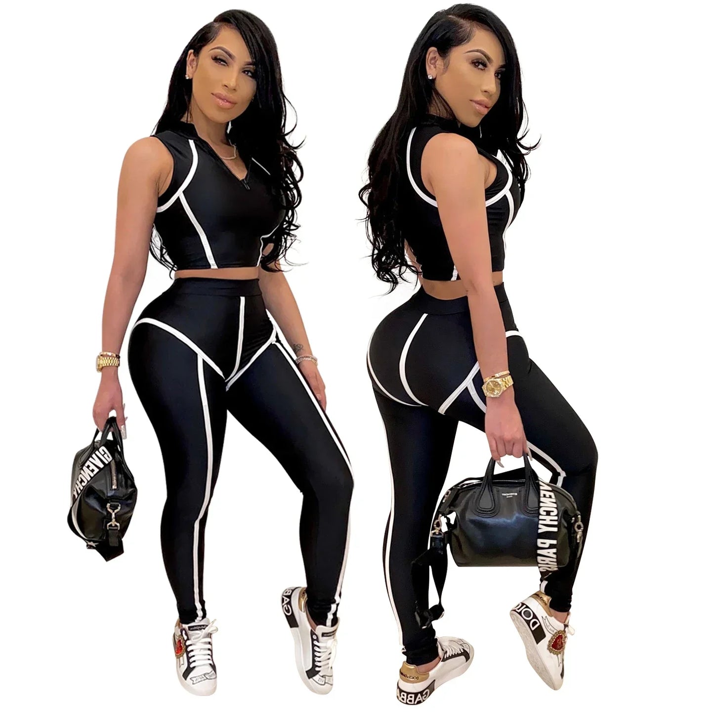 Women Sets Summer Tracksuits Slim Sleeveless Skinny Crop Tops + Pants Suit Two Piece Set