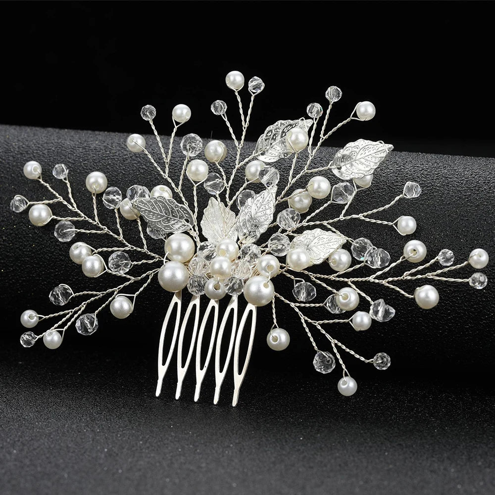 Crystal Pearl Hair Comb Clip Pin Alloy Leaf Hair Comb Handmade Headband For Women Bride Wedding Hair Accessories Jewelry