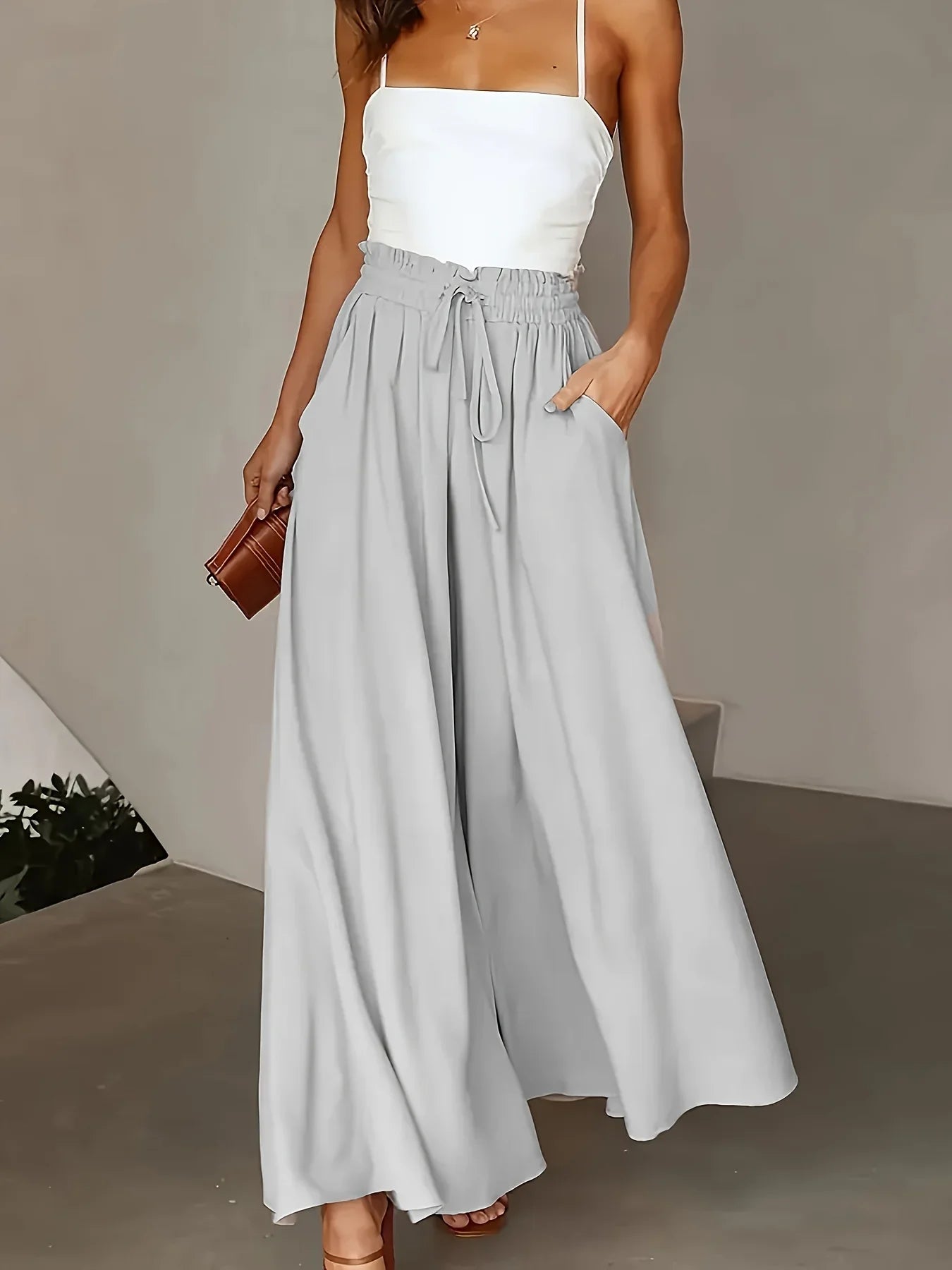Plus Size Wide Leg Pants Comfortable Slight Stretch Fabric Elegant Solid Color Design Pocket Details Drawstring Elastic