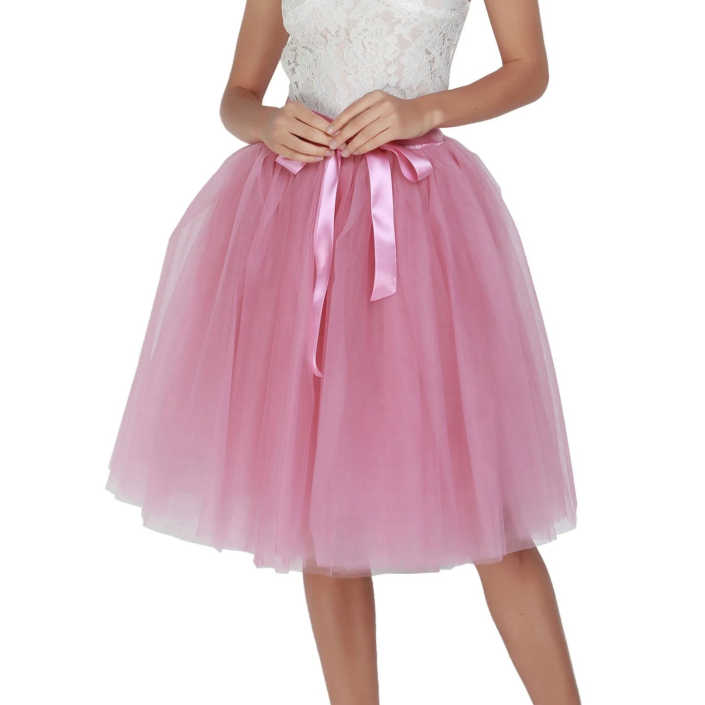 Knee Length Women A-Line Tulle Skirts Lace Up Multi Layered Tulle Petticoat Midi Skirt