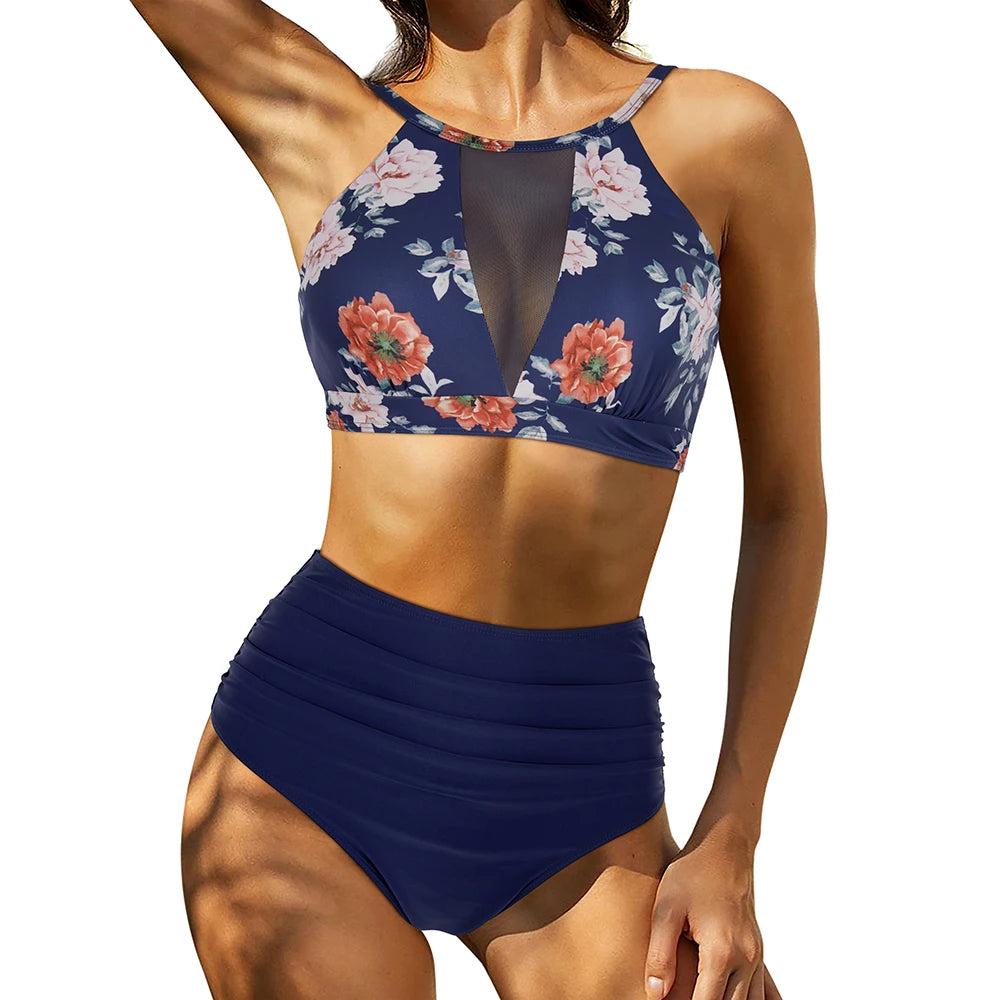 Print High-Waist Bikini Sets Swimsuit Women Sexy Lace Up Hollow Out Two Pieces Swimwear Beach Bathing Suits Women