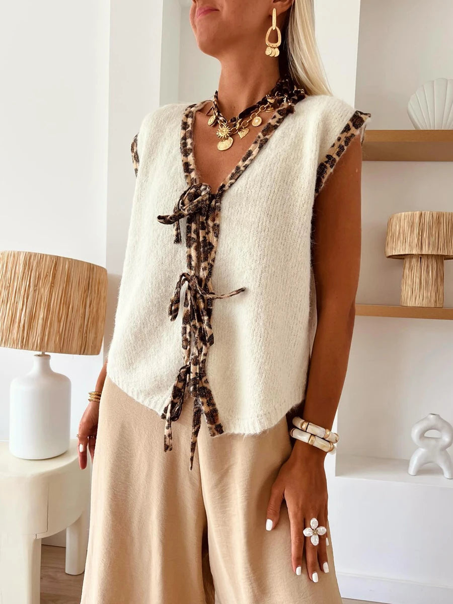Women s Sleeveless Knit Sweater Vest with V Neckline and Leopard Print Patchwork Casual Tie-up  for a Stylish Look