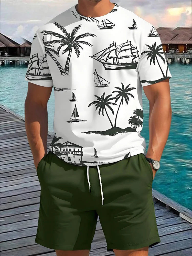 Summer Two Piece Casual Daily Men's Short sleeved Shorts Set Hawaii Printed Men's T-shirt Outdoor Sports Men's