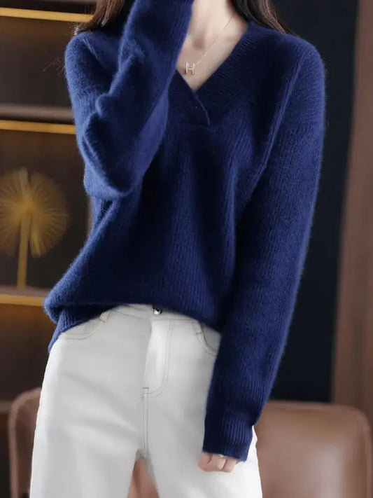 V-Neck Autumn Winter Sweater Pullovers Women's Loose Thick Cashmere Sweater Pullover Women Oversize Sweater Jumper