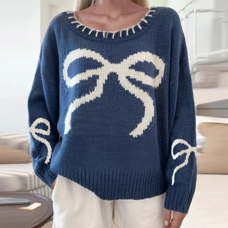 Bowknot Pattern Pullovers Women Autumn Long Sleeve Vintage Knitted Sweaters