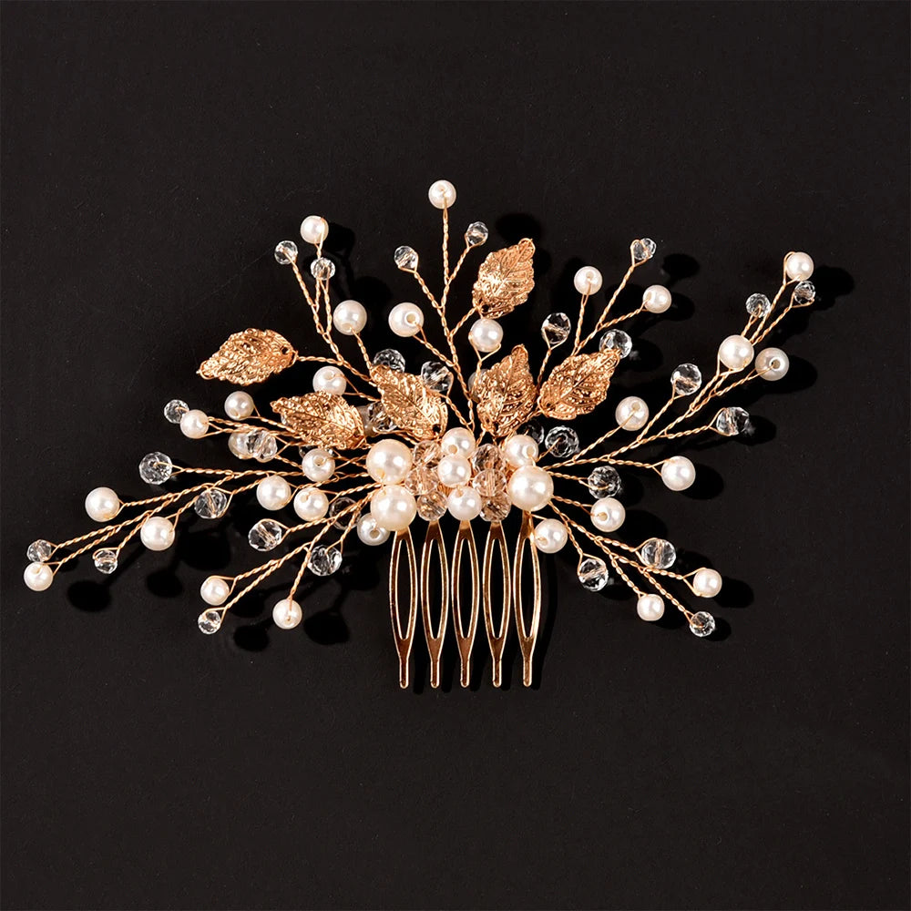 Crystal Pearl Hair Comb Clip Pin Alloy Leaf Hair Comb Handmade Headband For Women Bride Wedding Hair Accessories Jewelry