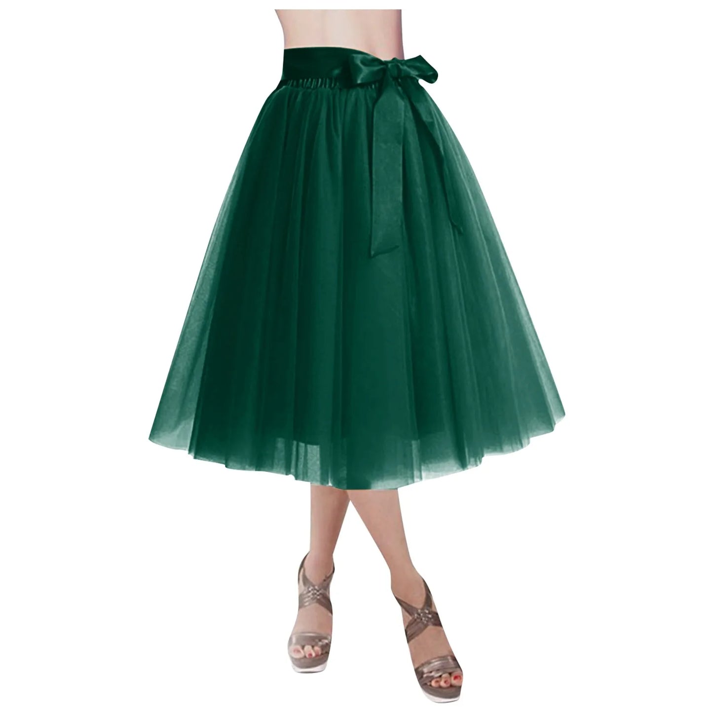 Women's Knee Length Mesh  Skirt Solid Color Elegant Elastic High Waist A-Line Petticoat