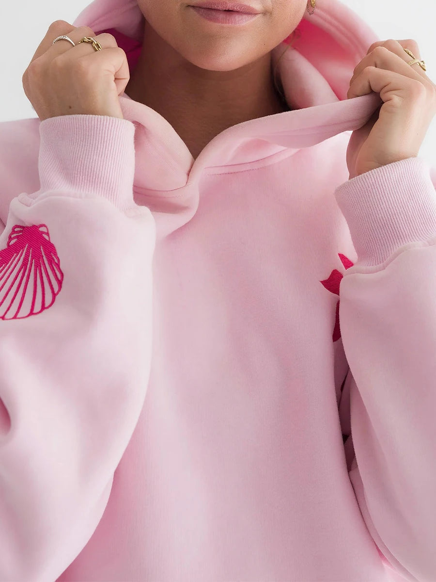 Women s Floral Embroidered Long Sleeve Beach Hoodie Oversized Sweatshirt Casual Streetwear Pullover Top