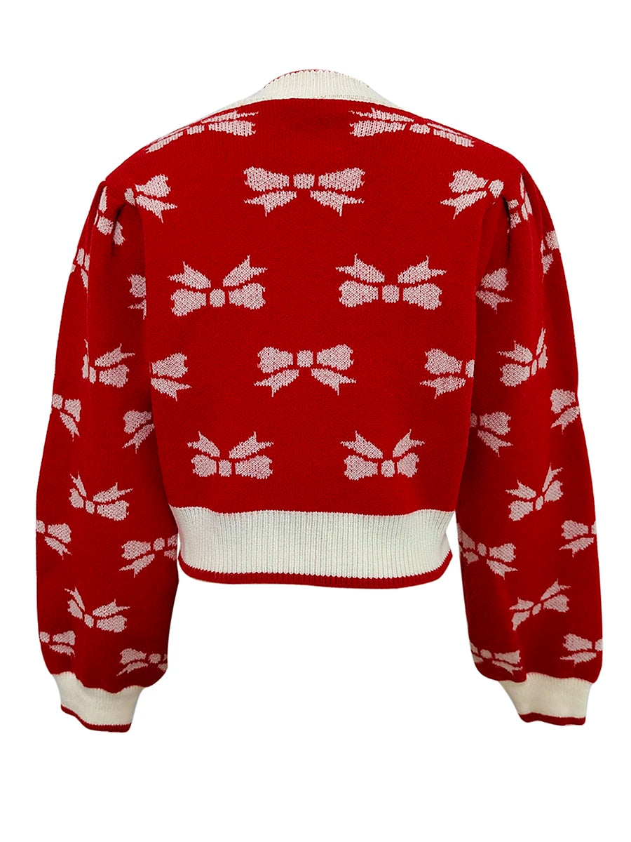 Women s V-Neck Button Up Cardigan with Long Puff Sleeves and Bow Print Detail - Cozy Knit Sweater