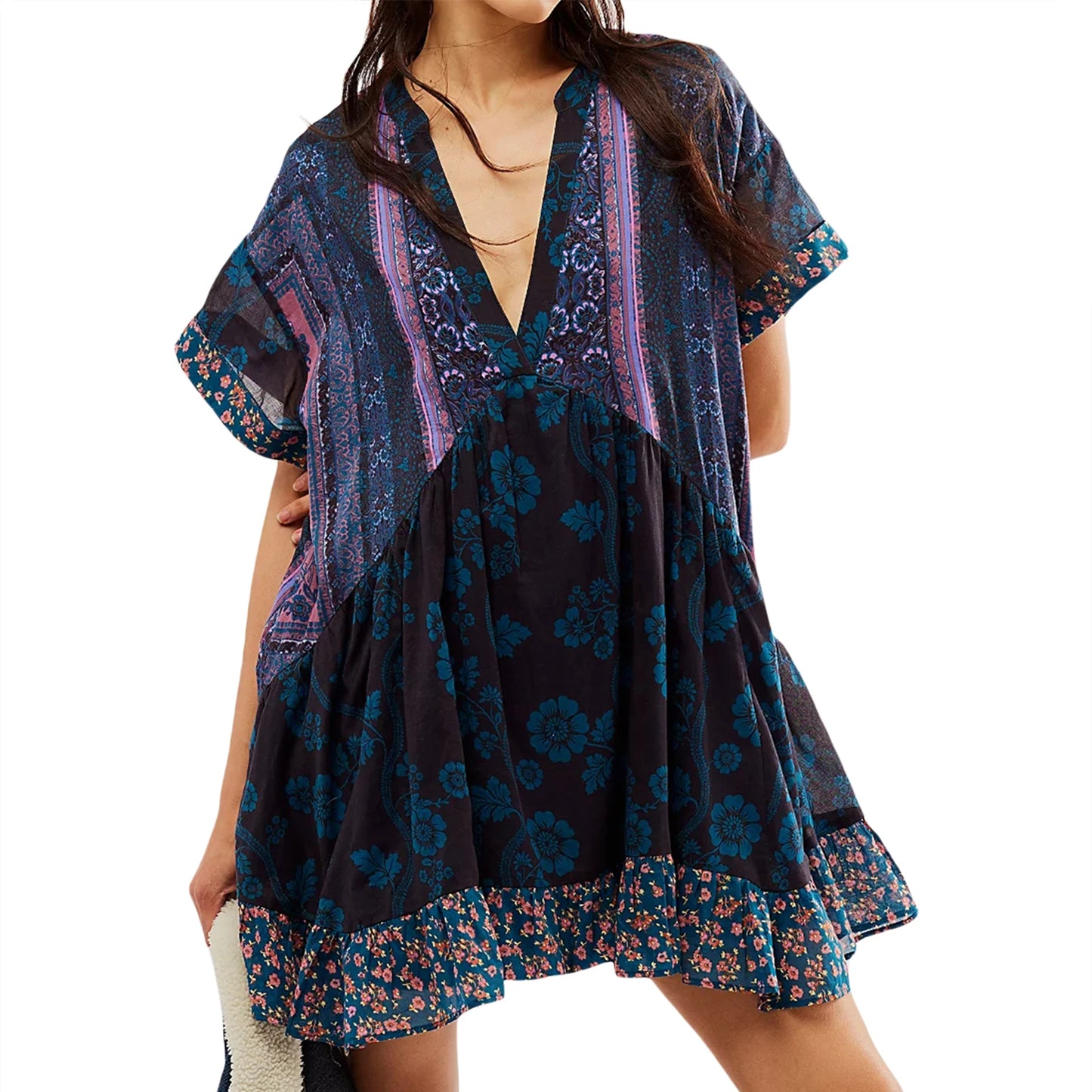 Women s Sleeveless Dress with Ruffle Hem in Tropical Print Summer Boho Beach Dress with Pockets
