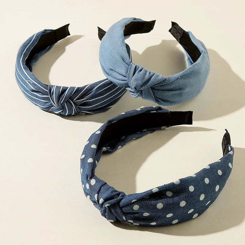 1/3pcs Knotted Print Denim Cloth Headband for Women Girls  Face Wash Hair Hoop Simple Denim Headpiece