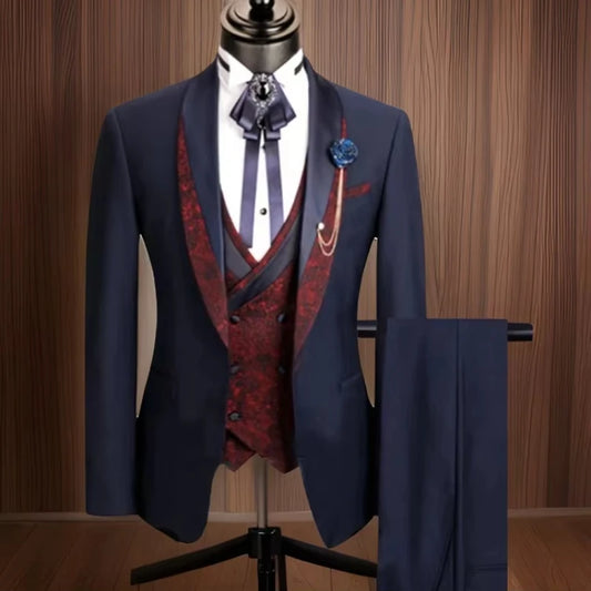 Floral Formal Suits for Men 3 Pieces Shawl Lapel Wedding Groom Tuxedo Italian Style Suit Jacket with Vest Pants Fashion