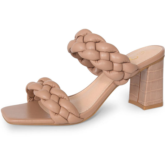 Elegant Braided Heels Fashion Strappy Square Sandals Open Toe Backless Mules Slip On Block Heeled Shoes