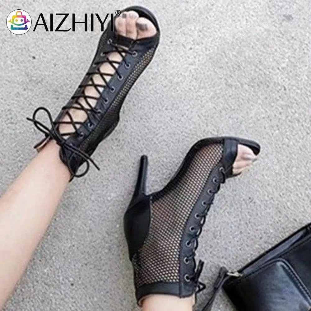 Women High Top Sandals High Heel Mesh Sandals Dance Shoes Summer Boots Pump Shoes