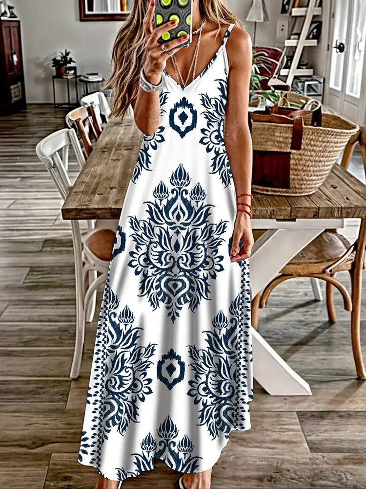 Animal Fresh Print Sexy And Fashionable V-neck Suspender Dress Outdoor Travel Seaside Vacation Casual Long Dress