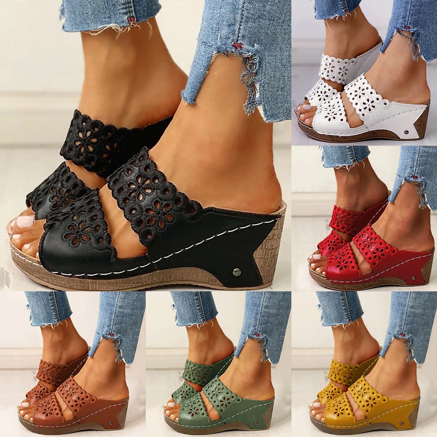 Summer Outdoor Women Breathable Beach Sandals Women Solid Slip On Casual Open Toe Wedges Comfortable Beach