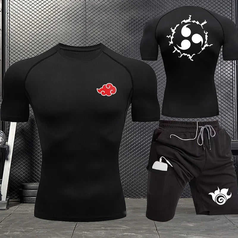 Jogging Breathable Compression Sportswear Summer Men's Training Two-piece Tight T-shirt Fitness Shorts Gym Workout Set S-3xl
