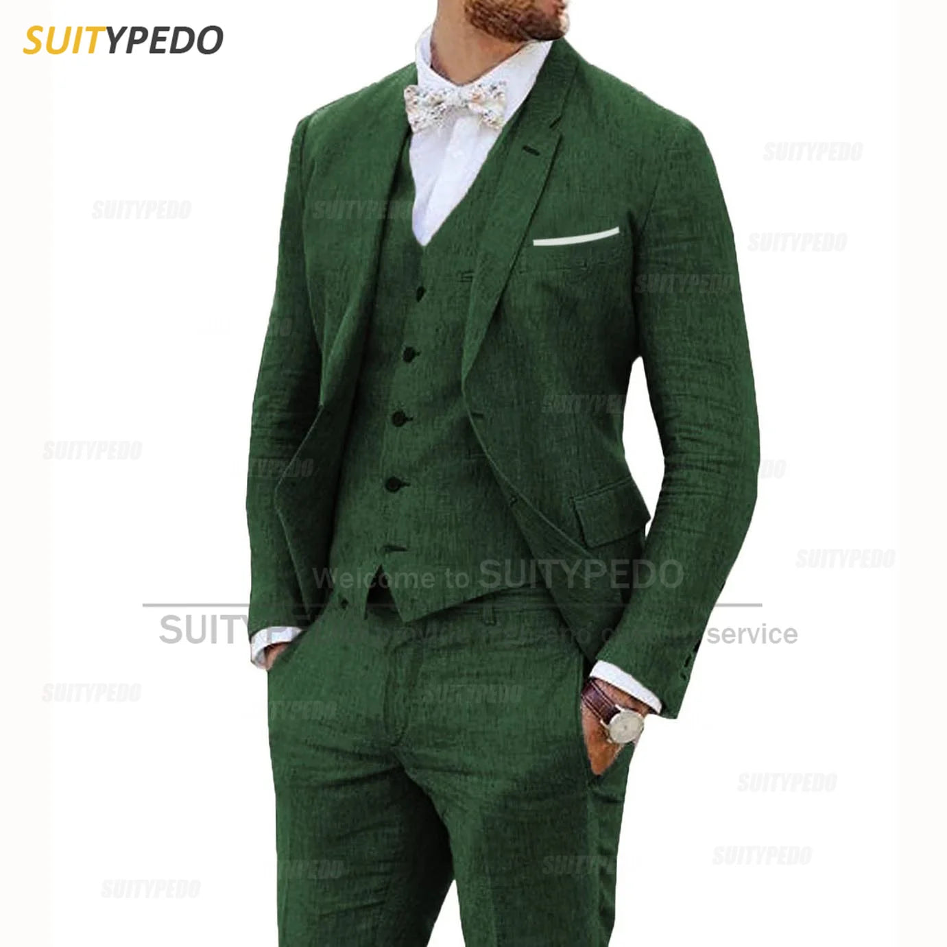 Linen Suits for Men 3 Pieces Casual Slim Fit Suit Blazer Vest Pants Set Formal Prom Wedding Tuxedos for Groomsmen Best Man