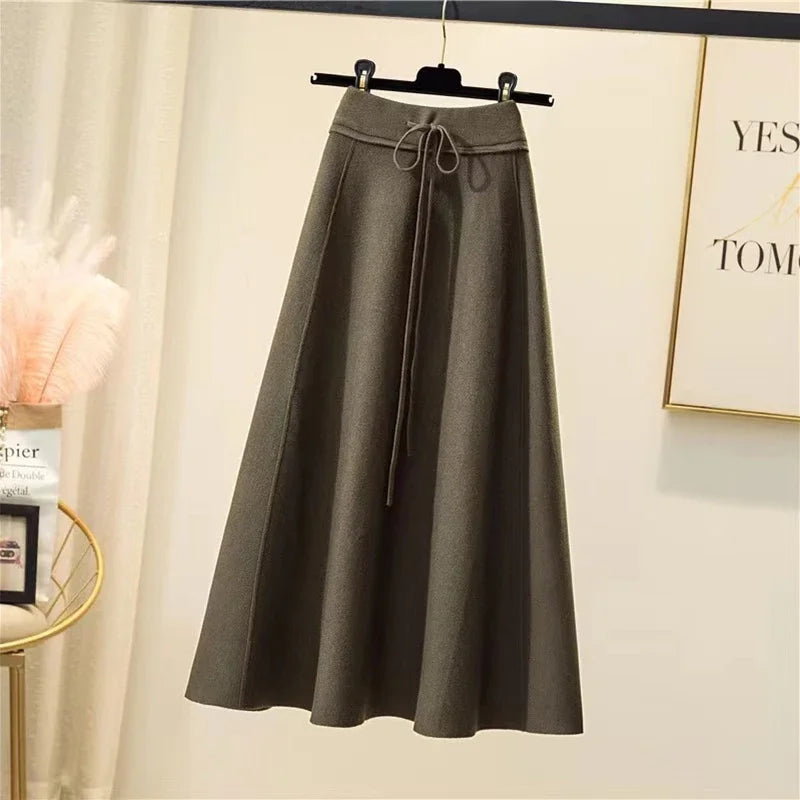 Knitted Midi High Waist Pleated A Line Skirt