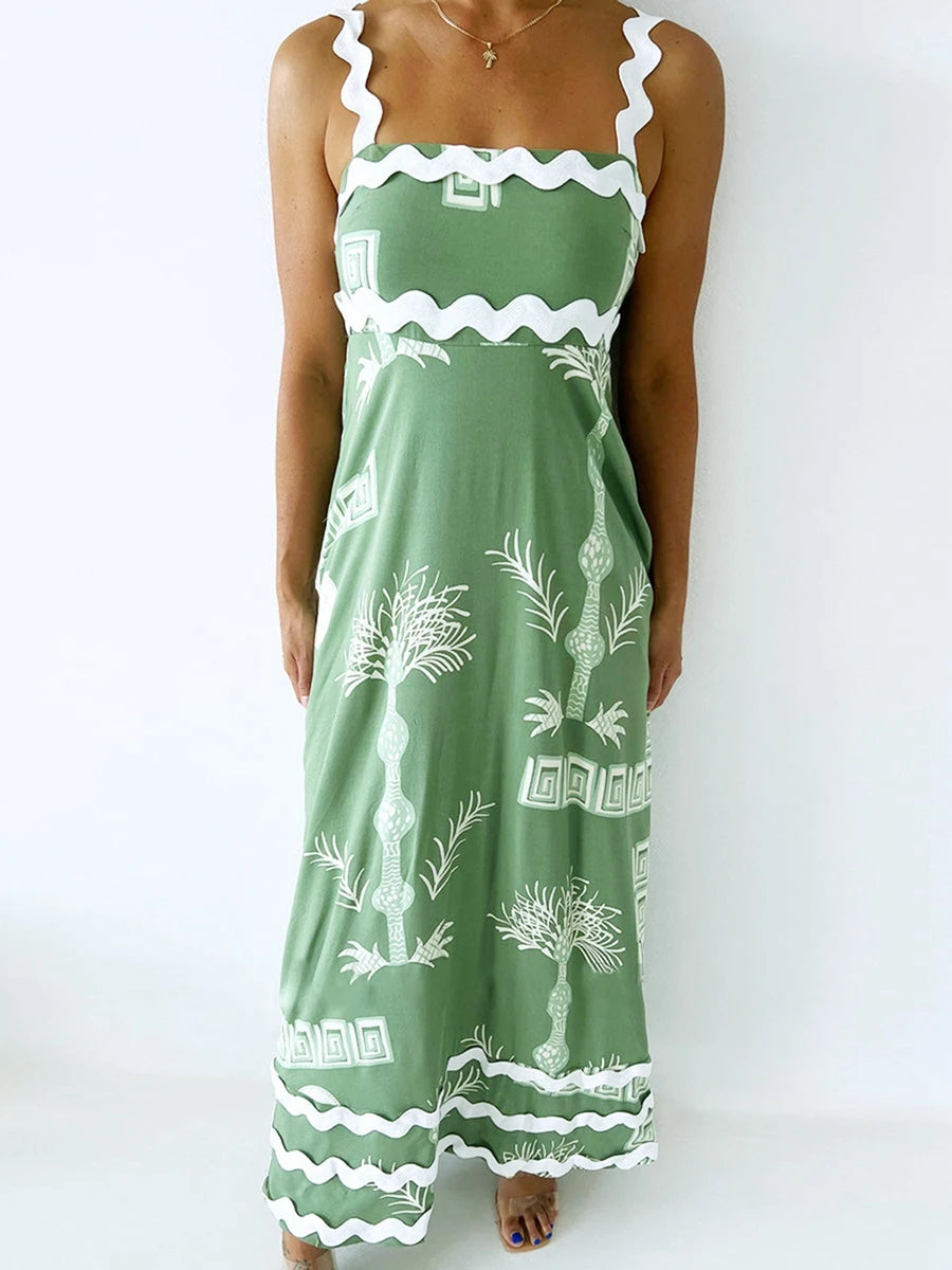 Floral Print Spaghetti Strap Maxi Dress with Side Slits and Adjustable Waist Tie