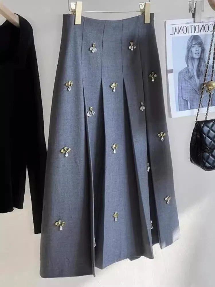Embroidery Beading Gray  Ruched Skirt High Waist