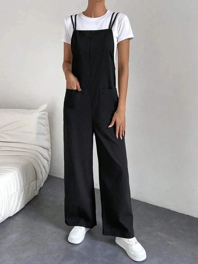 Fashion Casual Women's Solid Black Color Pants Pocket Double Shoulder Thin Straps Straight Overalls Wide-leg Long Pants