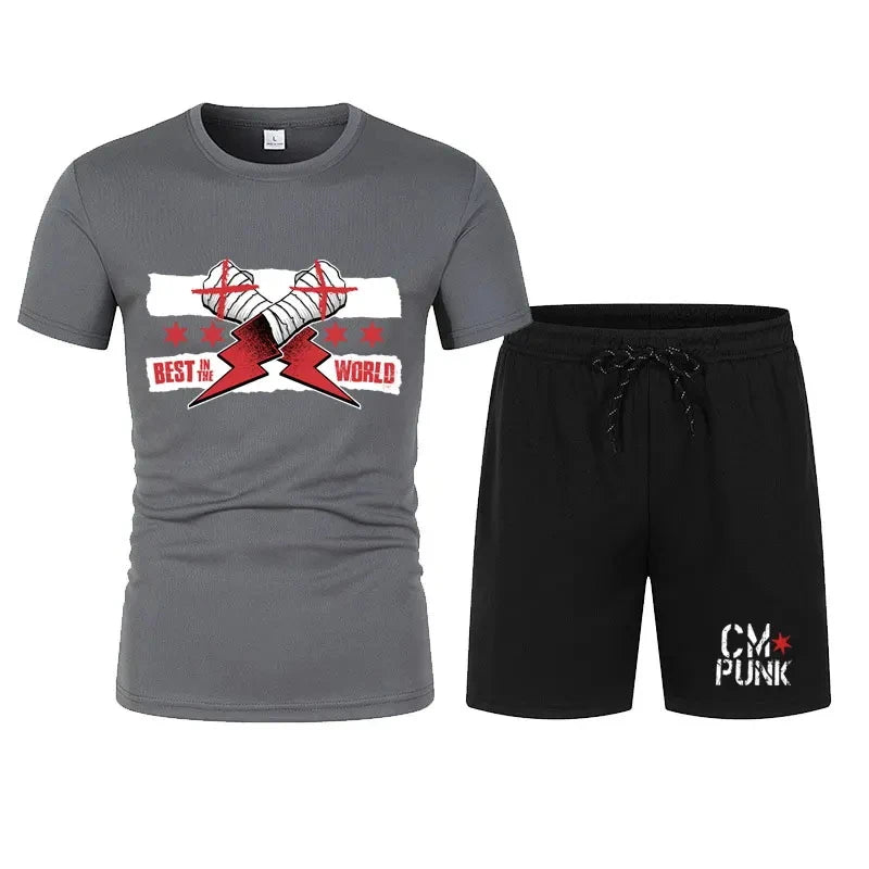 Men's black CM return punk T-shirt shorts suit summer short-sleeved men fashion comfortable loose clothing suit