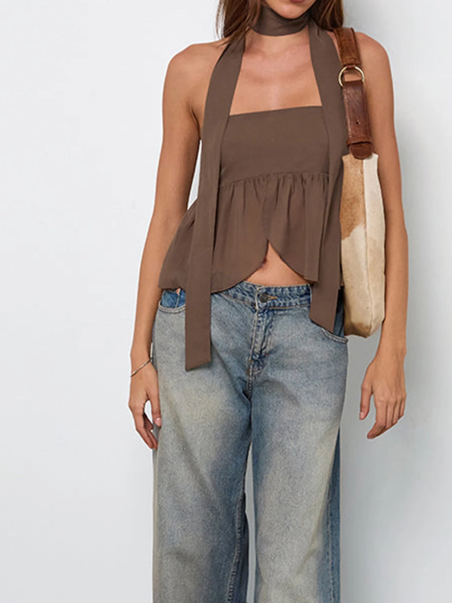 Women s Solid Color Off-Shoulder Tube Top with Ruffled Detail and Matching Scarf Set for Chic Summer Street Style Fashion