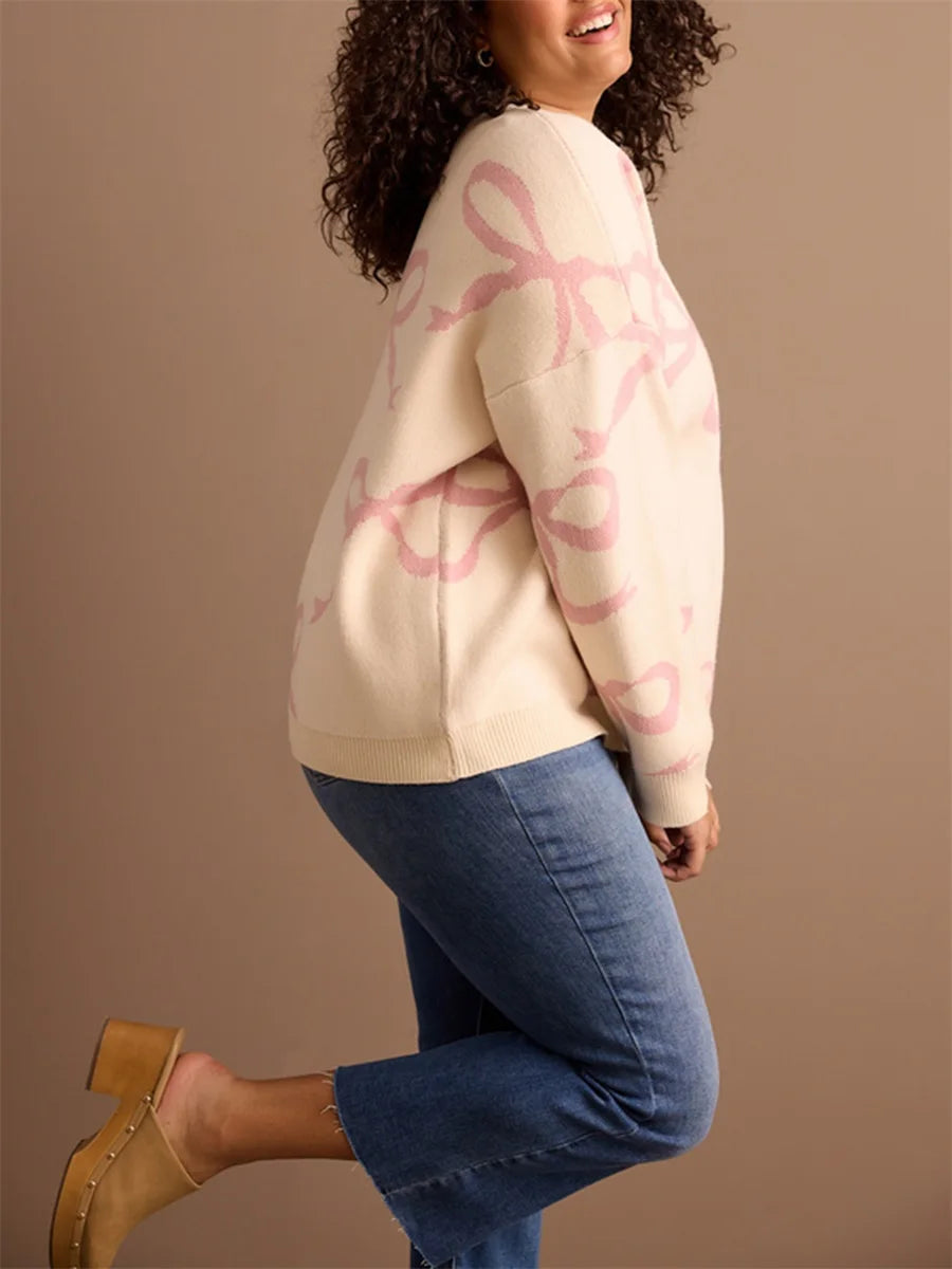 Women s Plus Size Sweater Bow Print V-Neck Long Sleeve Pullover Knit