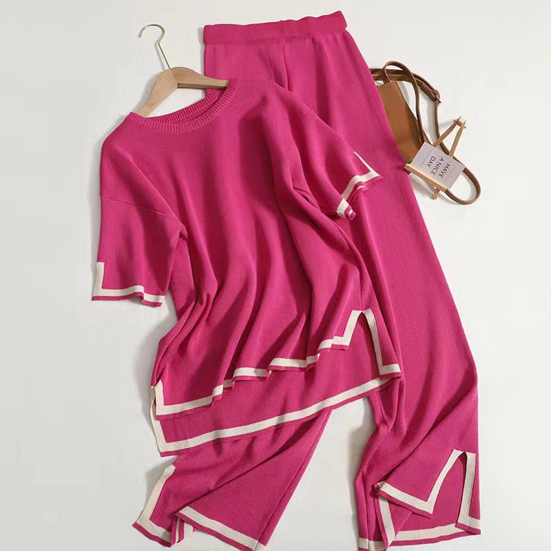 Elegant O-neck Side Slit Pullover Long Sleeve Sweater + Wide Leg Pants 2 Piece Sets Women's  Solid Color Casual Pantsuit