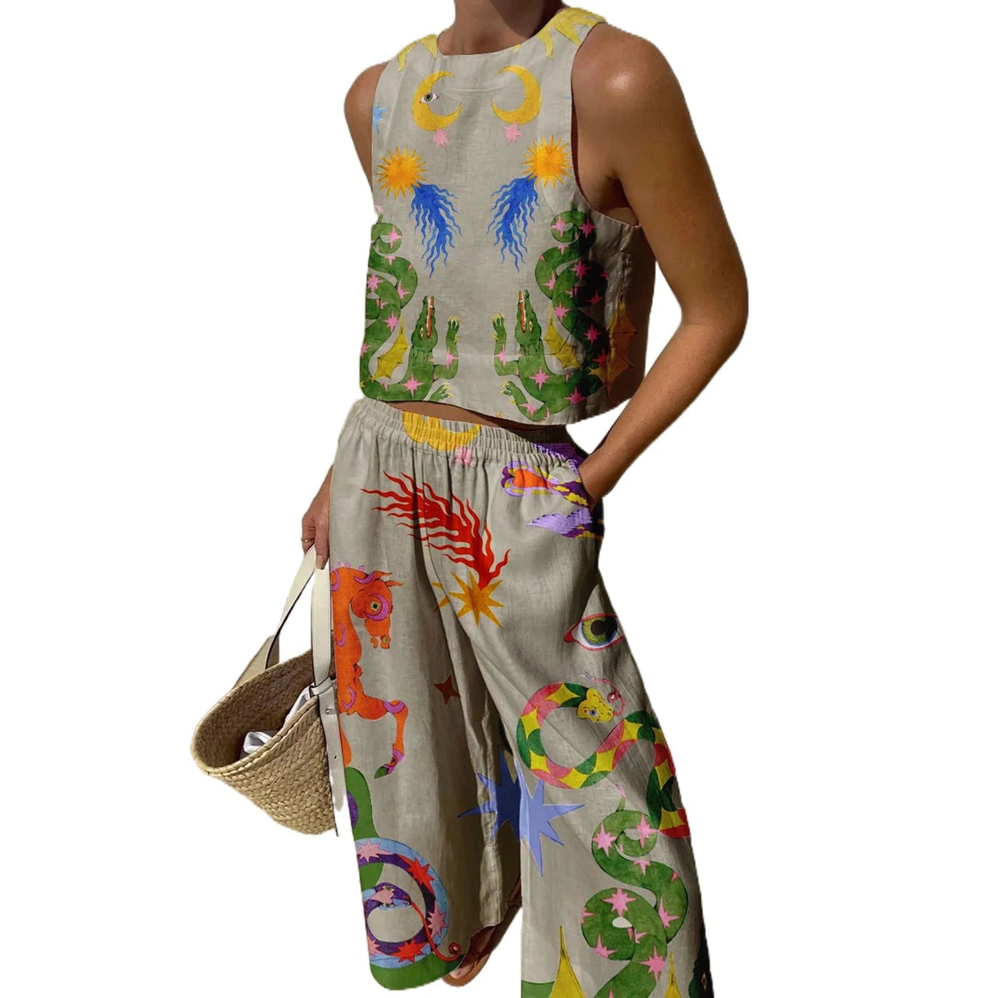 Women s Retro Style Crop Top and High Waisted Wide Leg Pants Set with Abstract Print Sleeveless Tank Top and Loose Fit