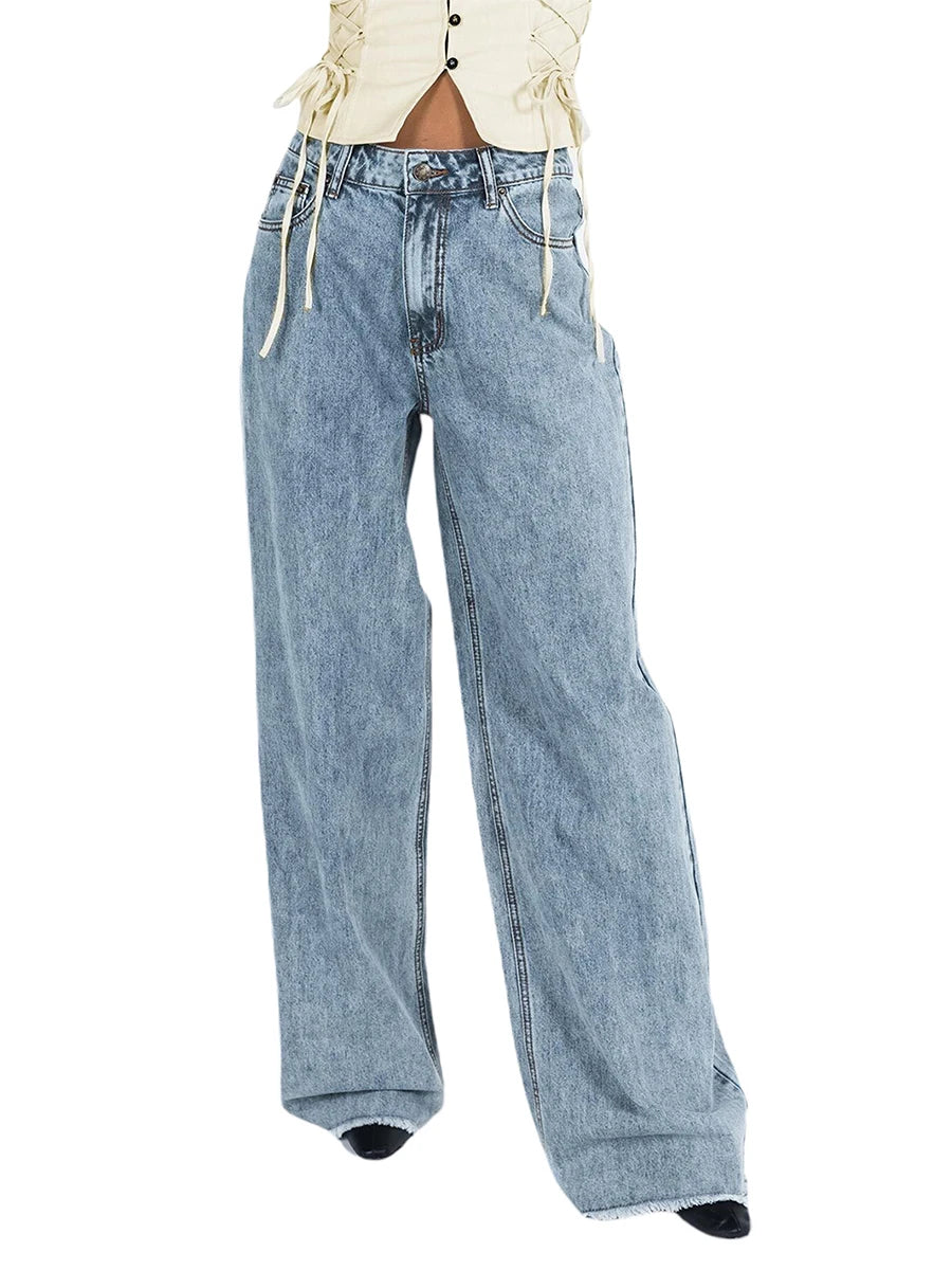 Women Wide Leg Jeans Trousers Solid Color Button Fly Casual Loose Pants for Work Office Streetwear