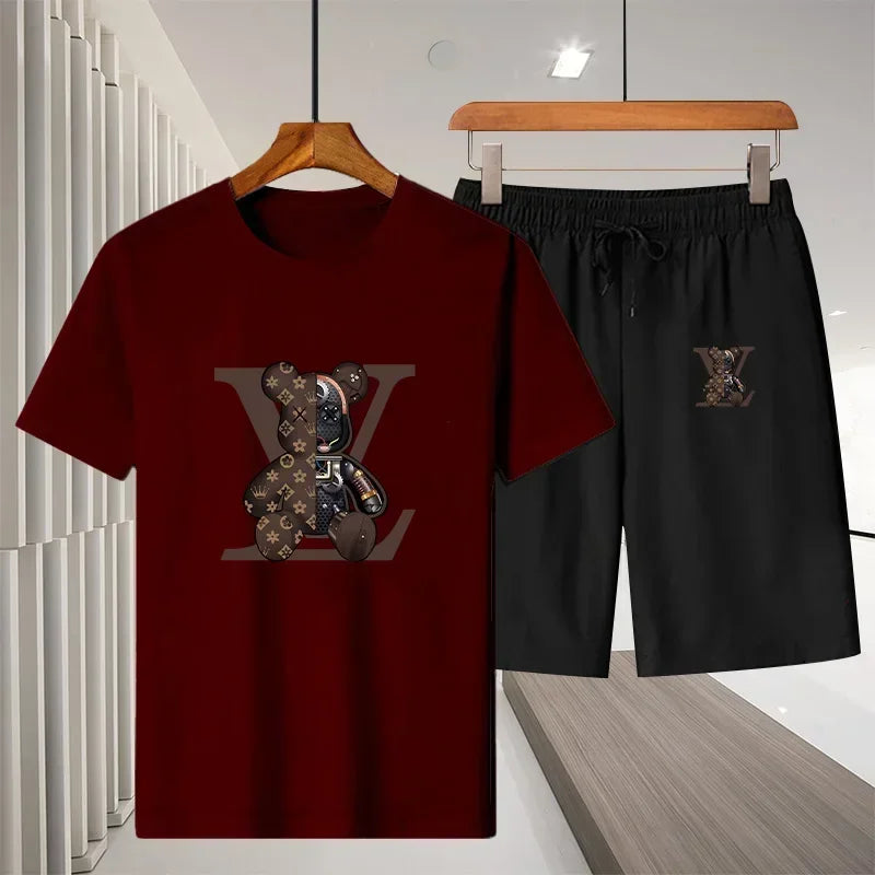 Men's short-sleeved T-shirt sportswear set, summer casual outdoor fashion men's round-neck top + Shorts 2-piece set
