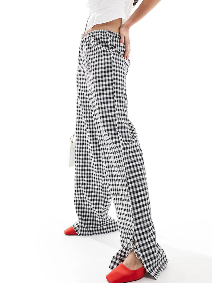 Women s Plaid Print Wide Leg Pants with Slit Detail and Elastic Waistband for a Comfortable and Stylish Look