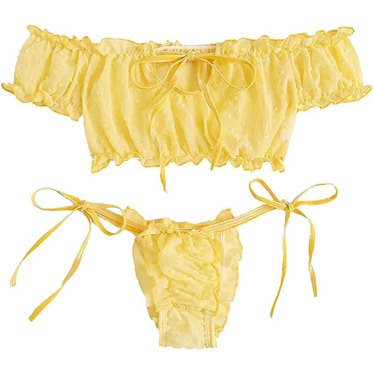 Lace Bra and Panty Set Seductive Two Piece Lingerie with Bow Detail and Sheer Mesh Fabric