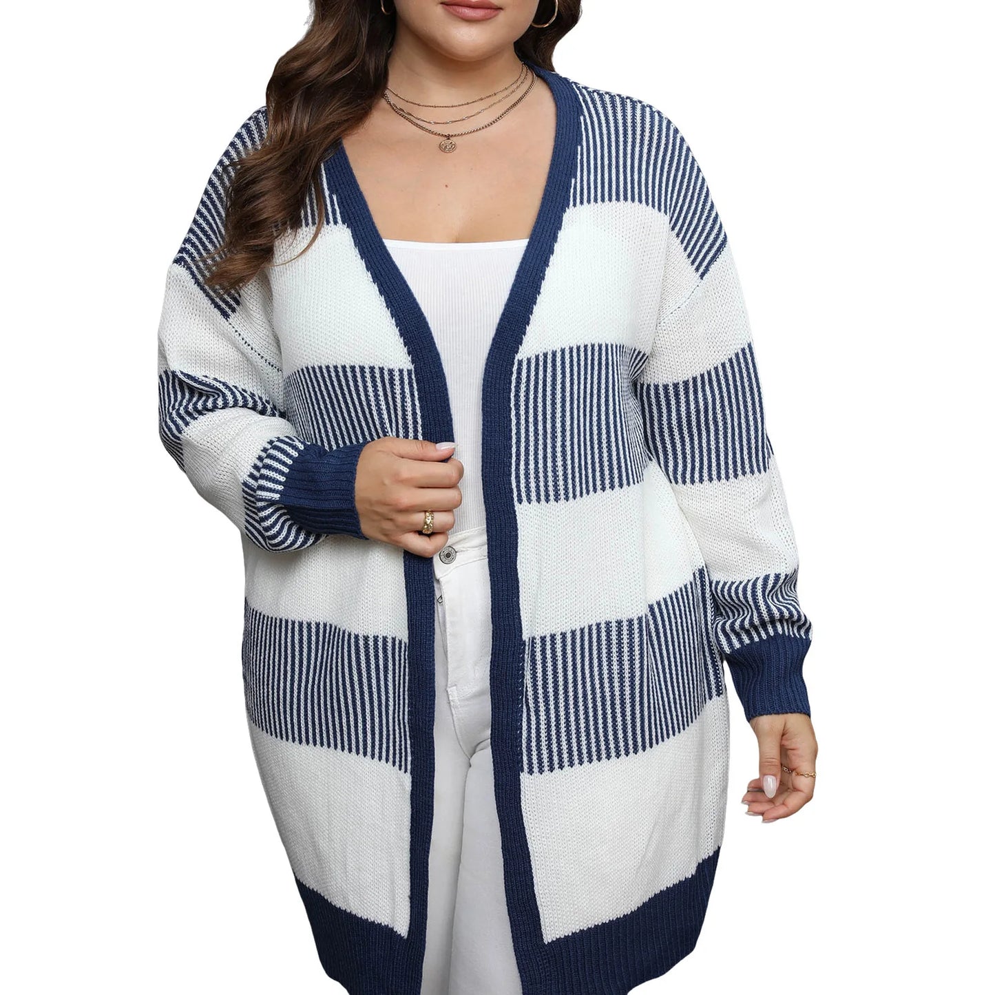 Women Knit Cardigan Long Sleeve Open Front Contrast Color Fall Casual Jacket Sweater