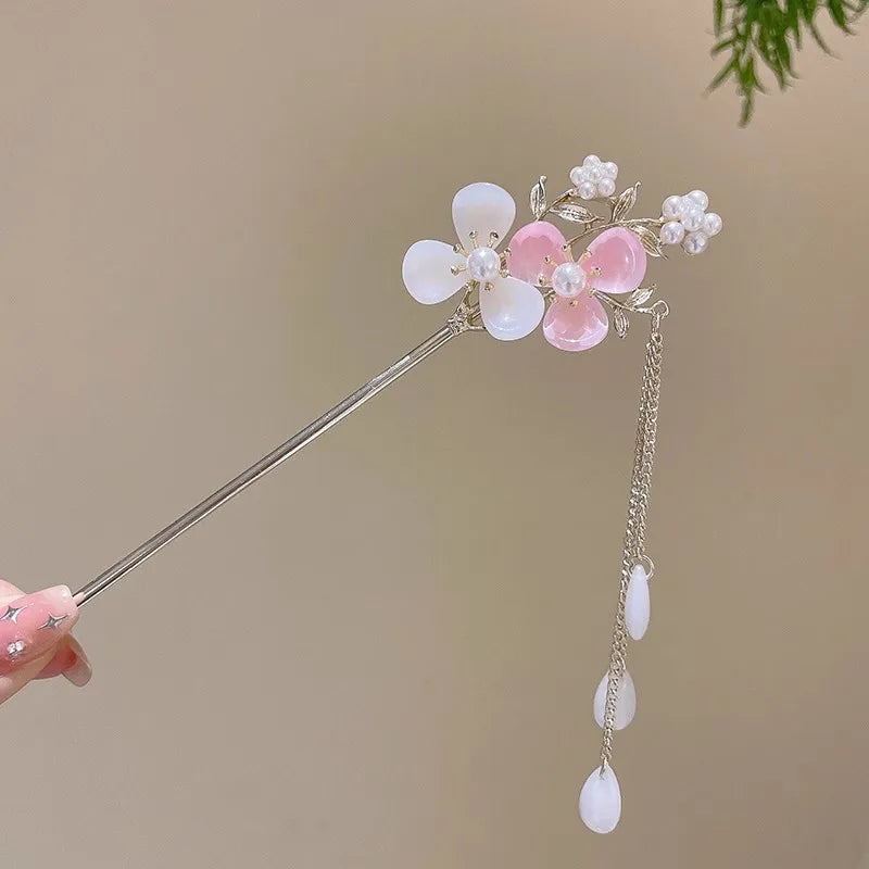 Elegant Chinese Style Hair Accessory Romantic Enameled Flower Tassel Hair Pin Alloy Jewelry Hairpin For Women Fashion Hairpin