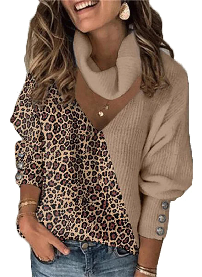 Autumn and winter women's leopard print color blocked temperament Cowl loose neck hollow knit sweater