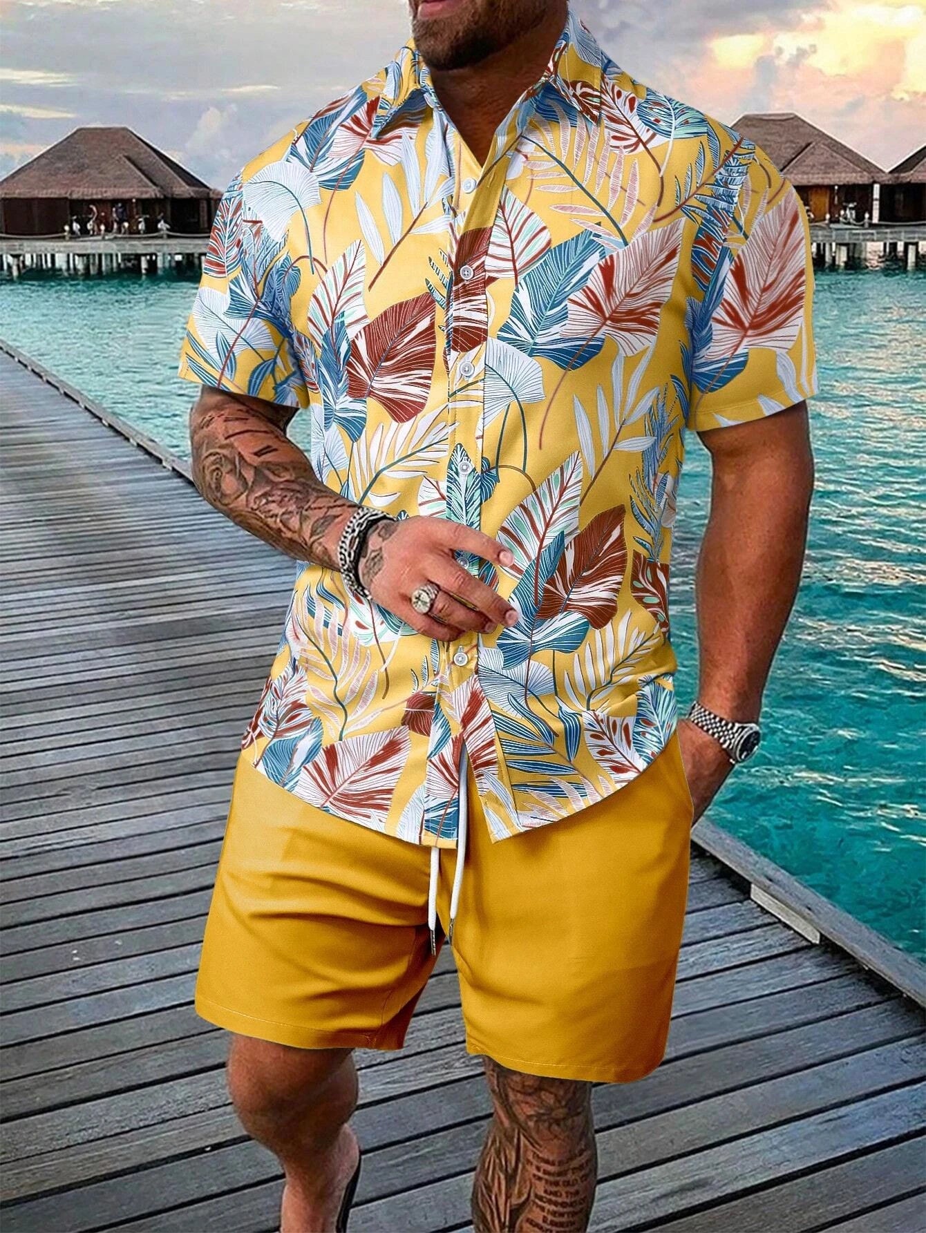 Summer Palm Tree 3D Print Men Shirts Beach Shorts Sets Hawaiian Short Sleeve Shirt Shorts 2 PCS  Hawaiian Suits Street Clothes