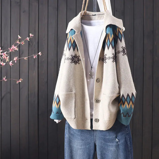 female autumn and winter knitted button jacquard pocket long sleeve knitted cardigan women commuter art sweater coat