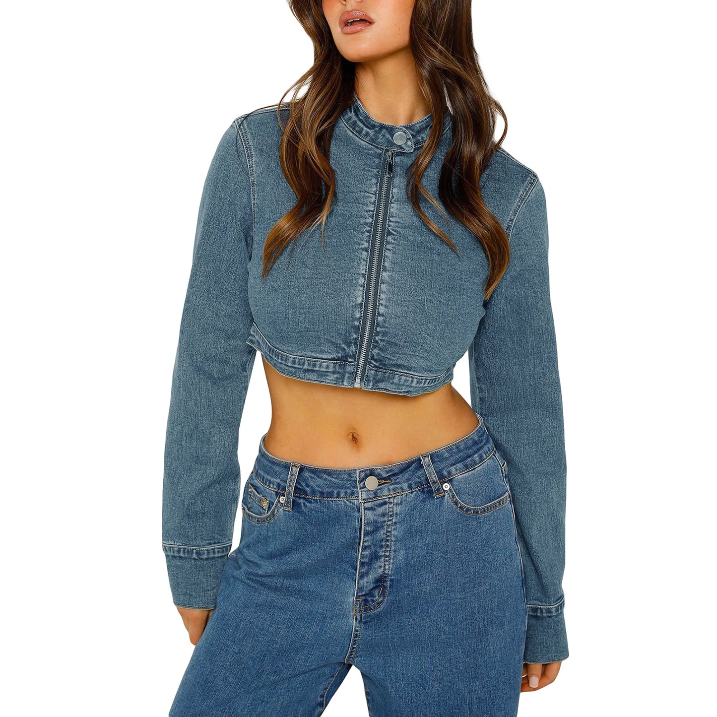 Distressed Cropped Denim Jacket with Zippered Closure Casual Jean jacket