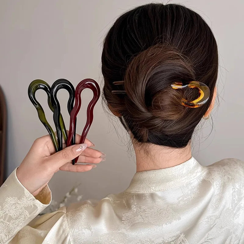 U-Shaped Hair Fork Fashion Tortoiseshell Acetate Acrylic Hairpin Geometric Design Headwear Hair Sticks Women