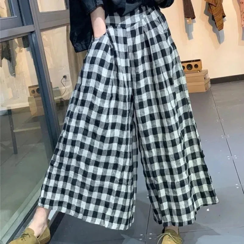 Elasticized High-waisted Pocket  Plaid  Loose Casual  Pants