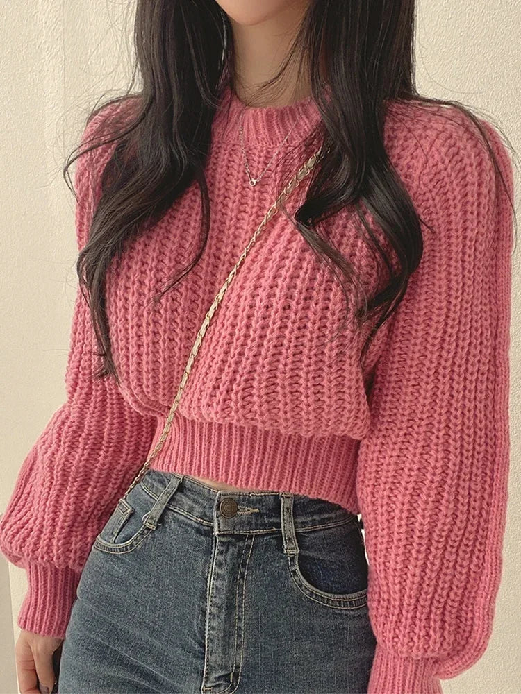 Loose Vintage  Lantern Long Sleeve Women Sweater  Autumn Winter Knitwear Soft Warm Tops Chic Solid Femme Sweater