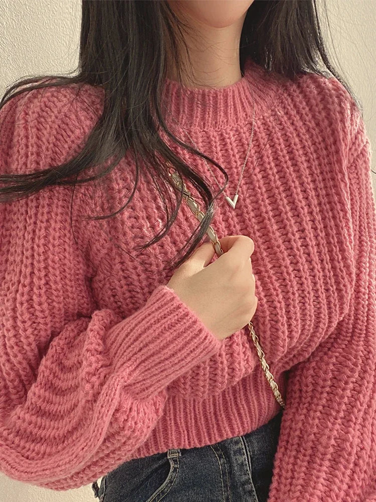 Loose Vintage  Lantern Long Sleeve Women Sweater  Autumn Winter Knitwear Soft Warm Tops Chic Solid Femme Sweater
